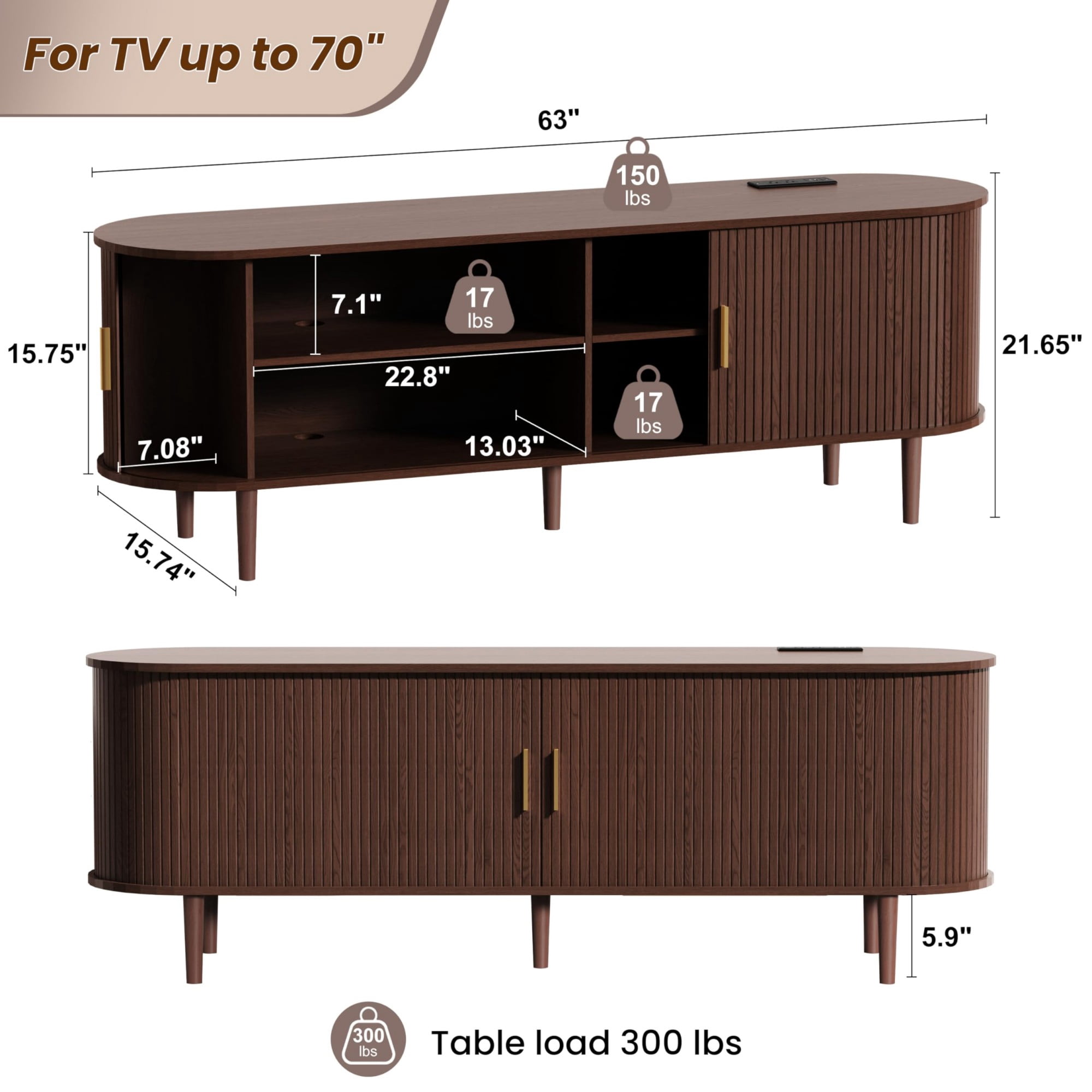 63 Inch Mid Century Modern TV Stand with Power Outlet, Fluted Media Console with Sliding Doors for TVs up to 70 Inch, Walnut