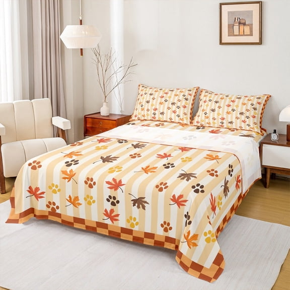 Feelyou Autumn Maple Twin Sheet Sets, Stripes Geometric Twin Fitted Sheet, Happy Harvest Flat Sheet, Super Cozy Room Decoration, 3 Piece
