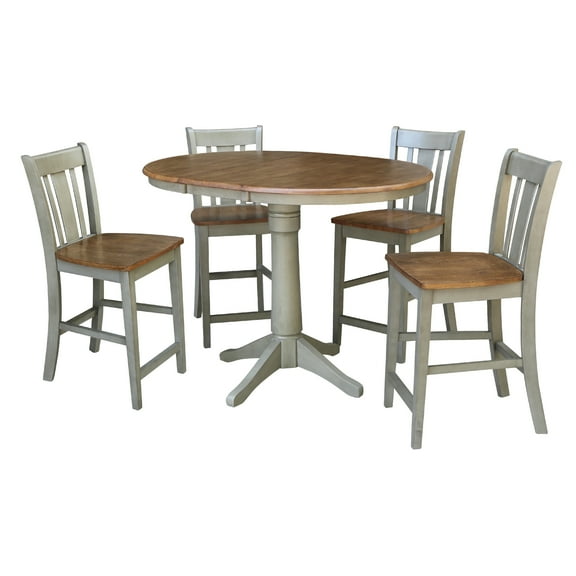 36" Round Solid Wood Extension Dining Table With 4 San Remo Counter Height Stools in Distressed Hickory/Stone by International Concepts