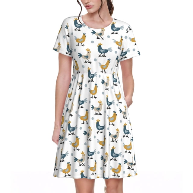 Bixox Robe d'Été à Manches Courtes pour Femmes Robe Ample Longueur Genou avec Poches-Coqs de Ferme