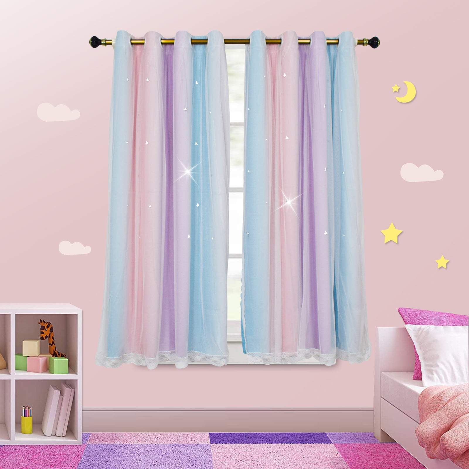Psoiuetr Blackout Gradient Ombre Curtains for Kids Girls Bedroom Living Room Decor Rainbow Double Layers Star Cut Out Stripe Pink Purple Grommet Window Curtains,52"x63",1 Panel