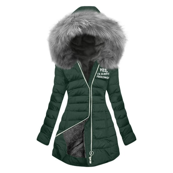 Wensltd Letter Printed Hooded Cotton Padded Coat for Women Fleece Lined Long Sleeve Warm Jacket Zip Up Black