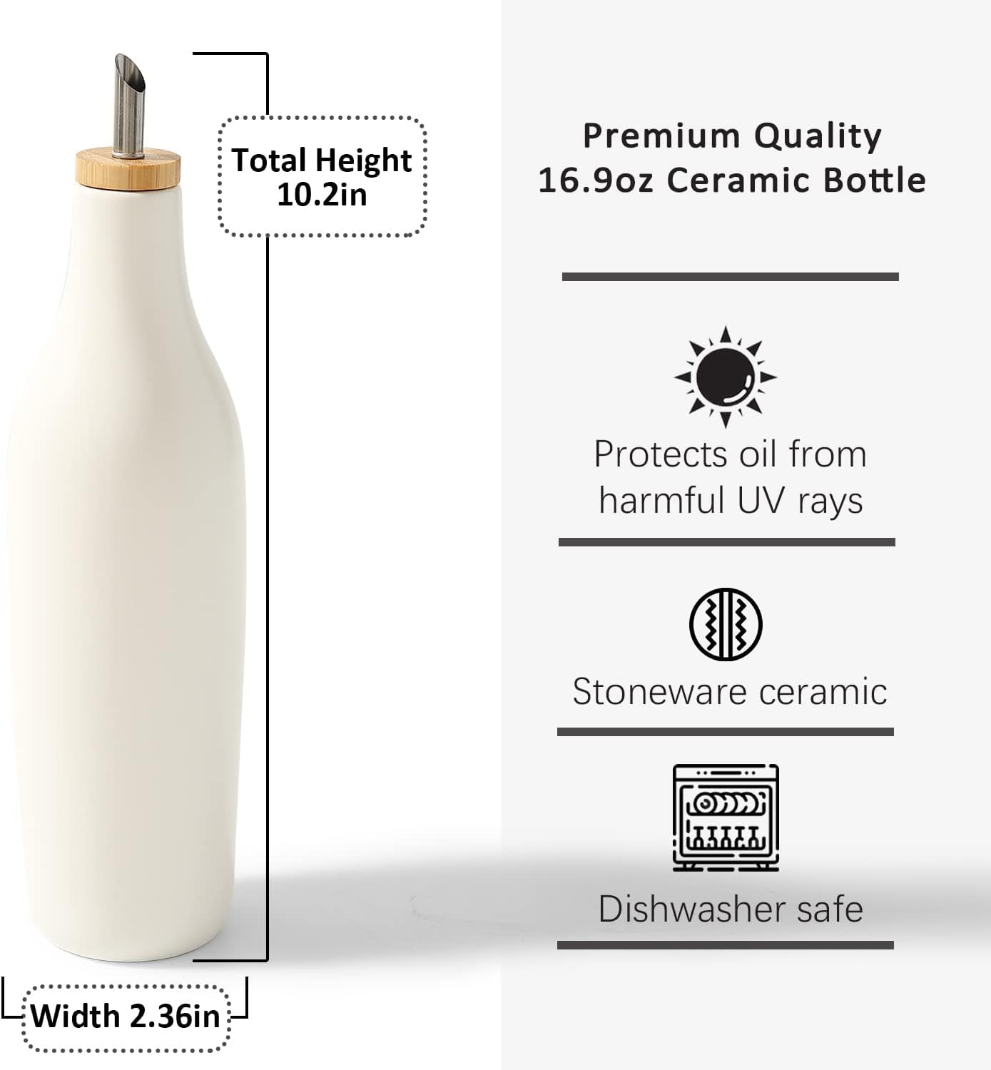 Ceramic Olive Oil Dispenser for Kitchen, Stoneware 16oz Oil and Vinegar Bottles Dispenser, Kitchen Dispenser Bottle for EVOO Vinegar Syrups, Modern Farmhouse Design(W)