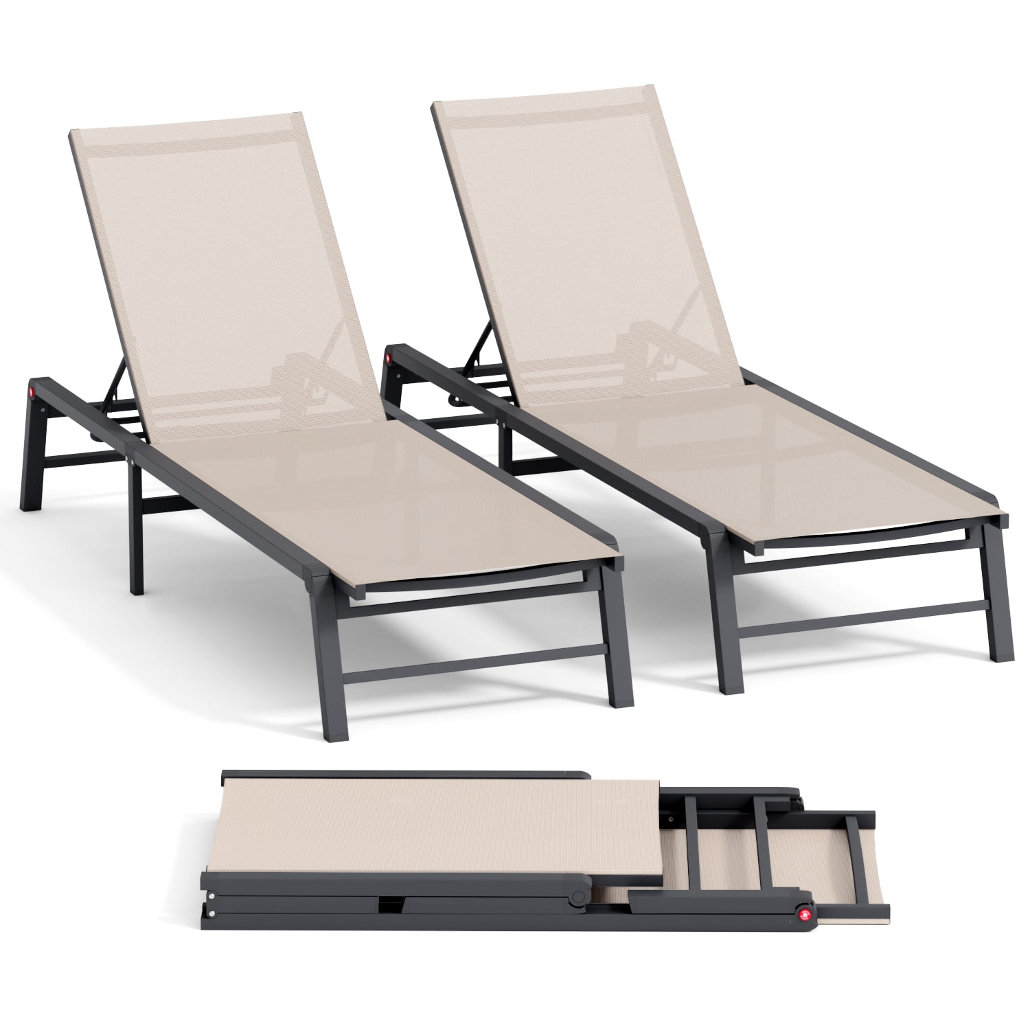 Patio Chaise Lounge, 2 Pack No Assembly Aluminum Reclining Pool Lounge Chair Adjustable Backrest for Sunbathing, Beige