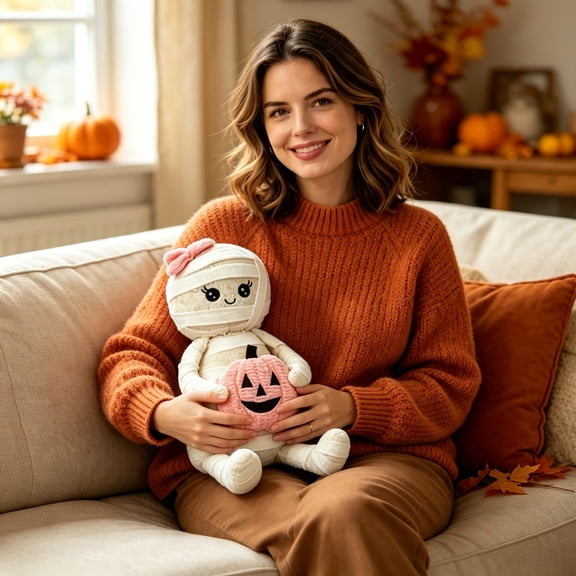 Wooowa Halloween Cute Mummy Doll 7.9 Inch Soft Stuffed with Pumpkin Bow for Sofa Entryway Fall Home Decor