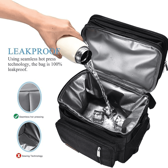 Premium Cooler & Lunch Box for Men and Women - Double Deck, Leakproof, Insulated Soft Large Adult Lunch Tote (Black, 15L)