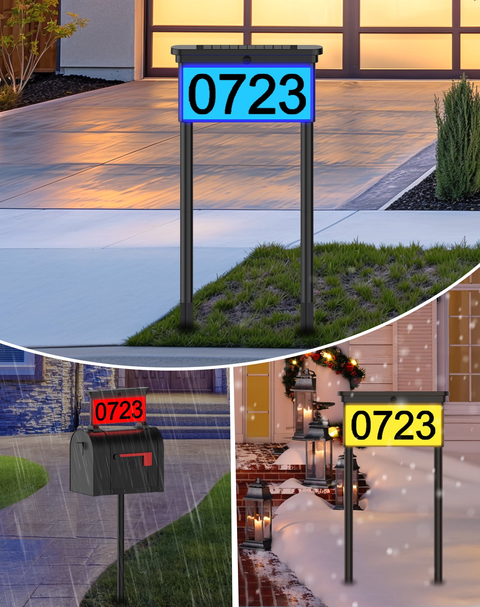 2 IN 1 Solar Address Sign 12 Color Changing Light LED Outdoor Yard Lighted House Numbers Waterproof Illuminated Address Plaque with Stakes 20 LEDs 2 Ways for Outside Street
