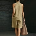 thumbnail image 5 of Women's 2 Piece Short Sets Linen Sleeve V Neck Halter Matching Short Suit Summer Casual Oversized Outfits Khaki L(L), 5 of 6