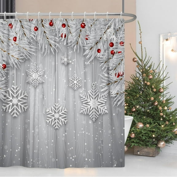 Christmas Shower Curtain Set with Hooks Sliver Grey X-mas Trees Shower Curtain for Bathroom 72x72inches Snowflakes Wood Stripe Waterproof Fabric Shower Curtains