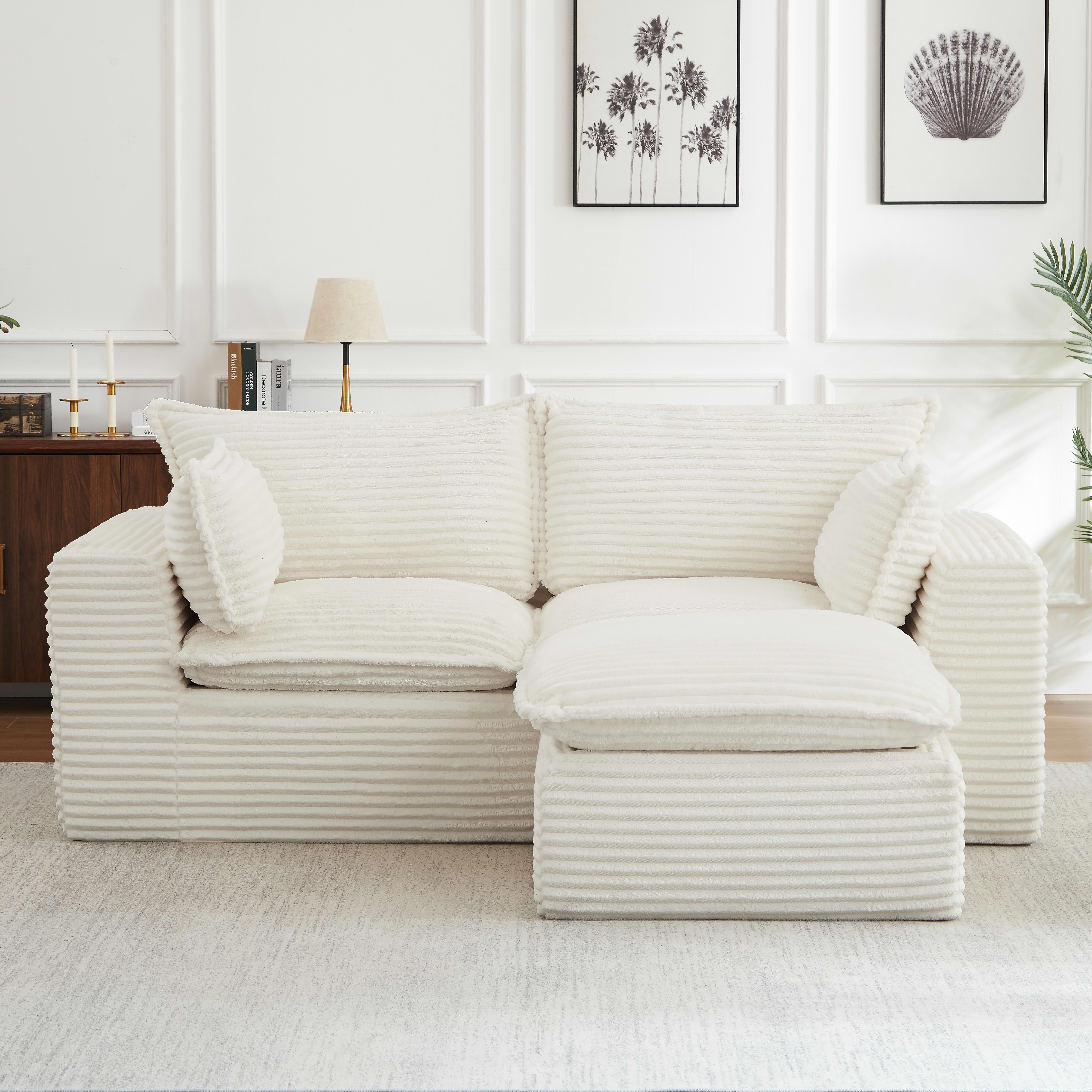 MAYEERTY Corduroy Oversized Sectional Sofa, Cloud Convertible L-Shape Couch with Ottoman for Apartment, White