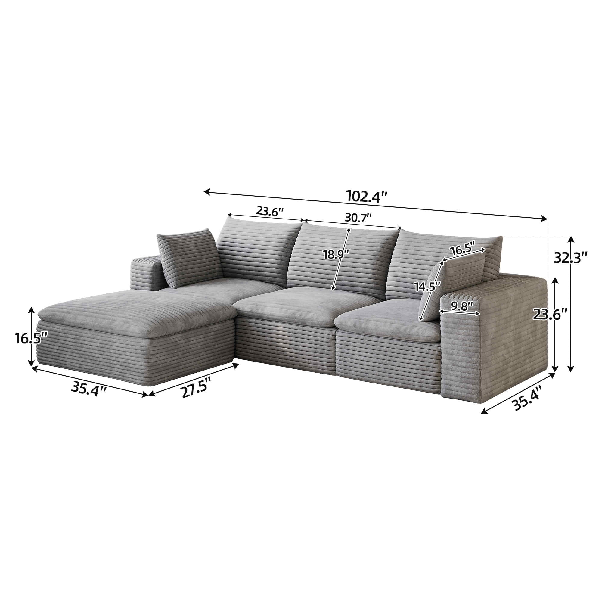 MAYEERTY 102.4 Inch Cloud Modular Sofa, Corduroy Deep‑Seat Couch with Double‑Layer Removable Cushions, No‑Assembly DIY Combination Sponge Sofa for Living Room Bedroom Conference Room Apartment