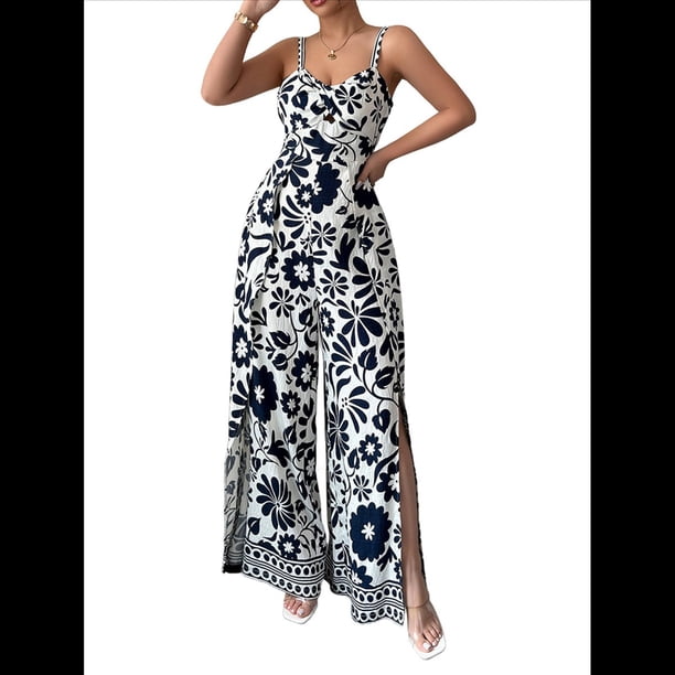 Mono de Pierna con Tirantes Pequeños y Estampado Retorcido Elegante para Mujer, y Verano 2025 Azul Marino S