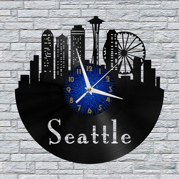 Seattle City View 12 Inch Vinyl Record Wall Clock - Silent, Creative, and Unique Clock for Living Room, Entryway, or Bedroom Decor - Perfect Gift Idea(12 inchs B without LED)