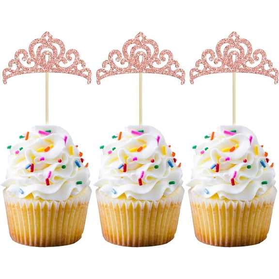 Rose Gold Glitter Princess Crown Cupcake Toppers, Tiara Cake Picks for Wedding, Birthday, Baby Shower Party, 12 Pack
