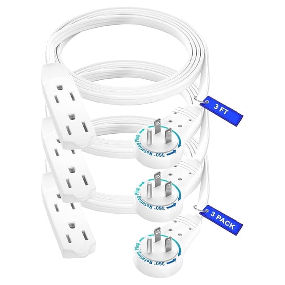 Cable 3 Ft 360° Rotating Flat Plug Extension Cord/Wire, 16 AWG Multi 3 Outlet Extension Wire, 3 Prong Grounded Wire - White - 3 Pack - UL Certified
