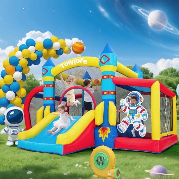 Toiyjofe Space Bounce House with Slide & Ball Pit, Inflatable Kids Bouncer with Blower & Soccer Goal, Backyard Play Center for Ages 3-8