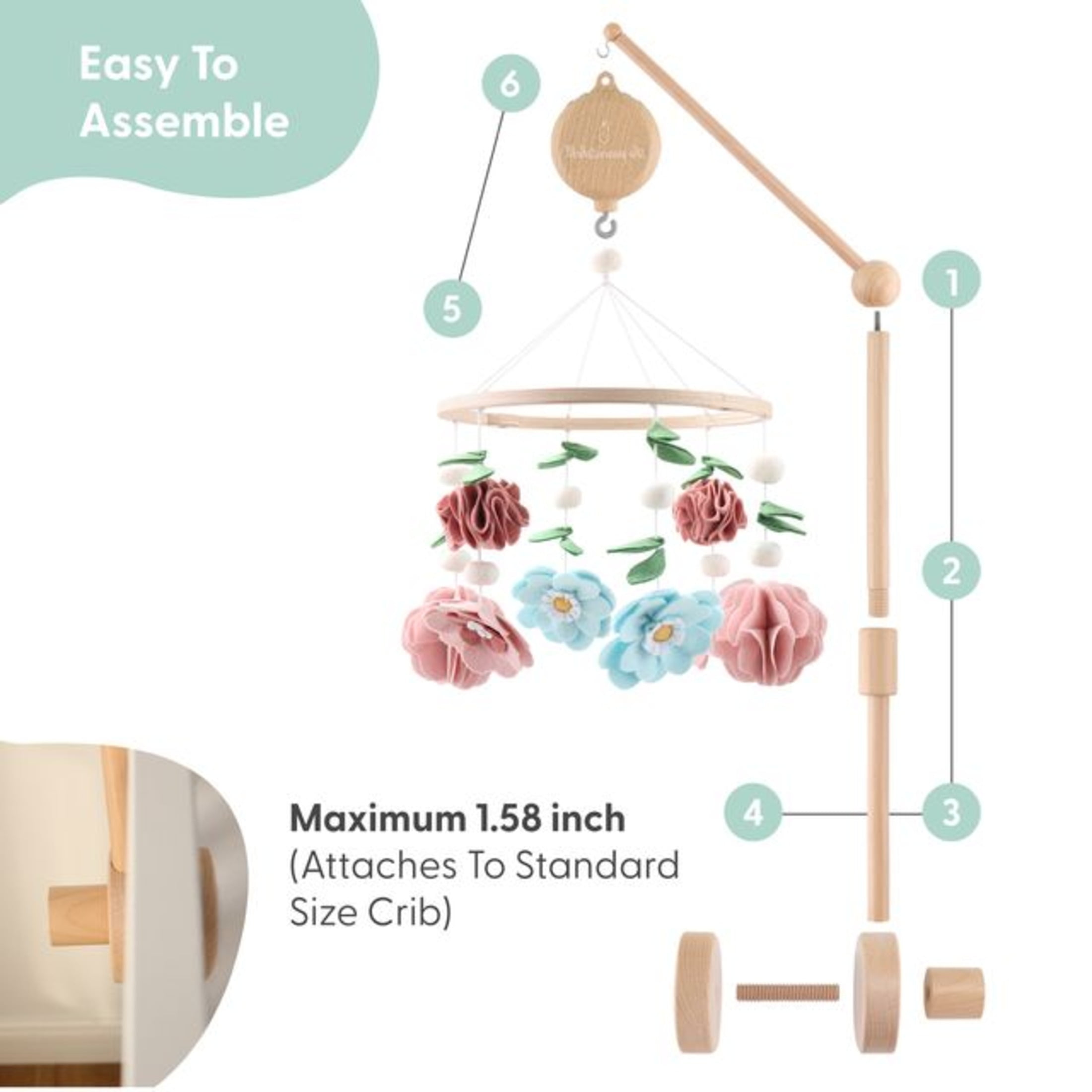 The Peanutshell Wildflower Baby Musical Wooden Crib Mobile