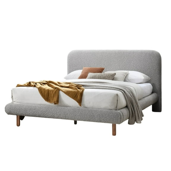 Damazy Queen Bed, Curved Edges, Gray Boucle Upholstery, Brown Wood