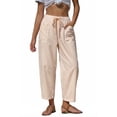 thumbnail image 3 of Women's Summer Casual Pants Striped Washed Cotton High Waist Drawstring Loose Fit Cropped Trousers with Pockets for Vacation, 3 of 9