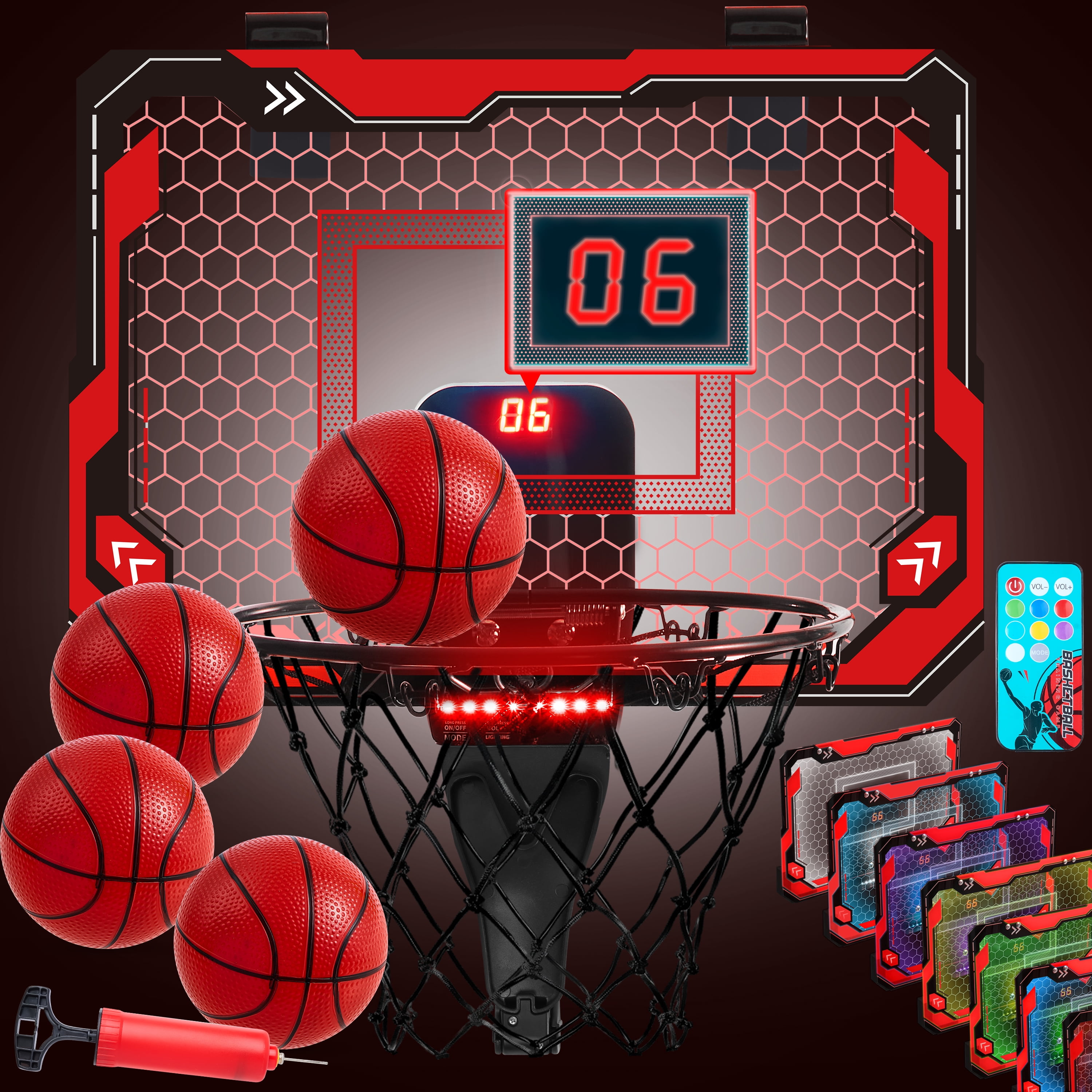 SYNCFUN Basketball Hoop Indoor for Teen Boy, 15.1" x 11" Indoor LED Electronic Scoreboard Basketball Hoop Over The Door with 4 Balls,Basketball Game Toys Birthday Gifts for Kids Teen Boy Adult,Red