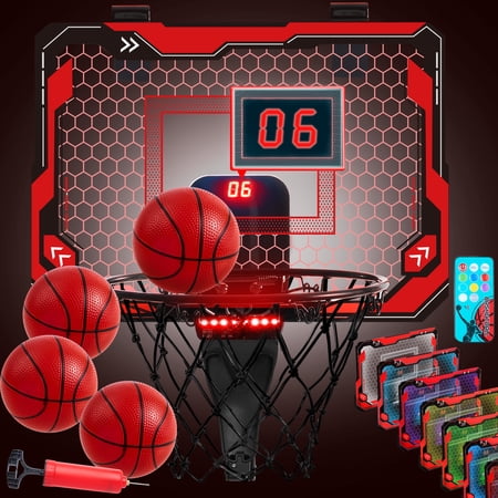 SYNCFUN Basketball Hoop Indoor for Teen Boy 15.1 x 11 Indoor LED Electronic Scoreboard Basketball Hoop Over The Door with 4 Balls Basketball Game Toys Birthday Gifts for Kids Teen Boy Adult Red