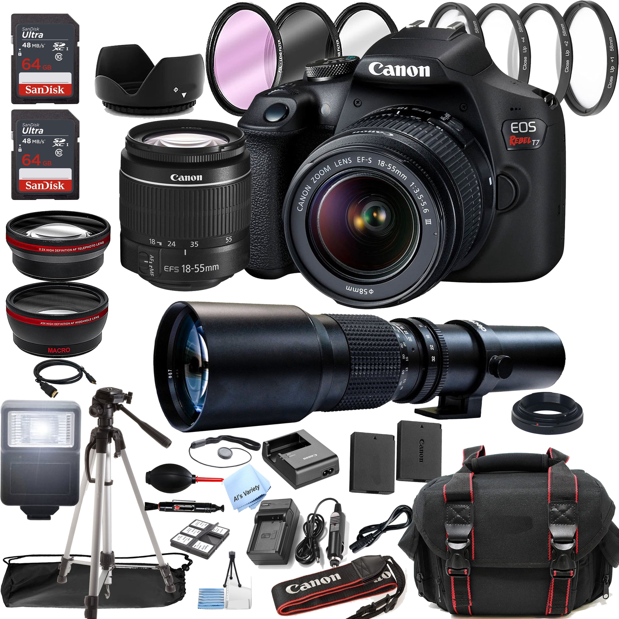 Canon EOS Rebel T7 DSLR Camera w/18-55mm + 500mm Preset Lens + 128GB Memory + Case + Tripod + Filters -38pc Bundle (International Version)