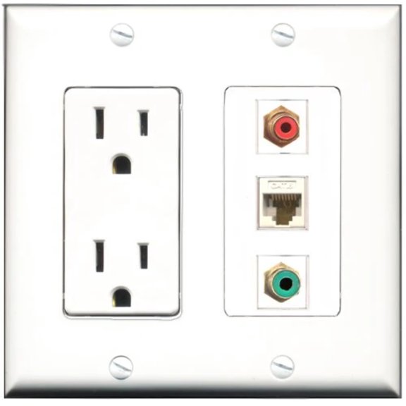 RiteAV - 15 Amp Power Outlet 1 Port RCA Red 1 Port RCA Green 1 Port Cat6 Ethernet Ethernet White Decorative Wall Plate