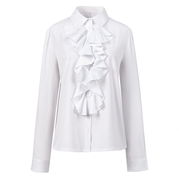 JGGSPWM Womens Solid Ruffle Button Down Vintage Dressy Shirts Court Style Blouse Cozy Tops Winter Pullover Long Sleeve Lapel Stand Collar Outwear White XXL