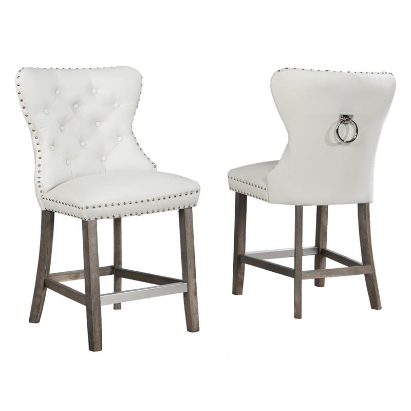 Tufted White Faux Leather Counter Height Chairs with Chrome Handle (Set