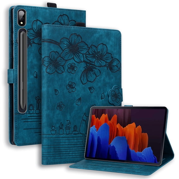 FJLBDE Case for Samsung Galaxy Tab S9 FE / S9 FE Plus 12.4 Inch with Stand, Card Slot, Embossed Cat PU Leather Cover, Blue
