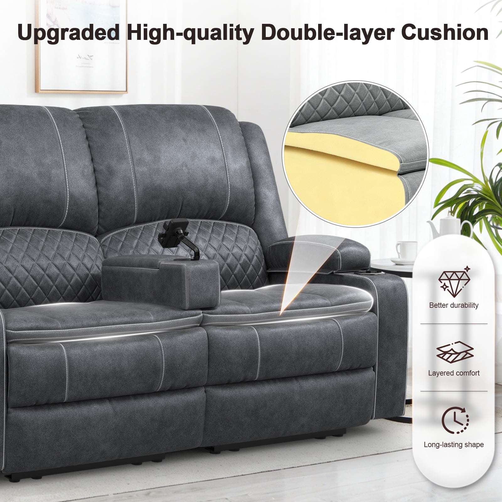 Power Reclining Loveseat for Home Theater RV with USB Charging, Storage Console, Removable Armrests, Wall-Hugger Design Velvet Grey