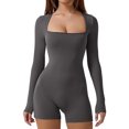 thumbnail image 1 of Women Yoga Rompers Unitard Jumpsuits Solid Color Long Sleeve Square Neck Tummy Control Bodycon Romper, 1 of 9