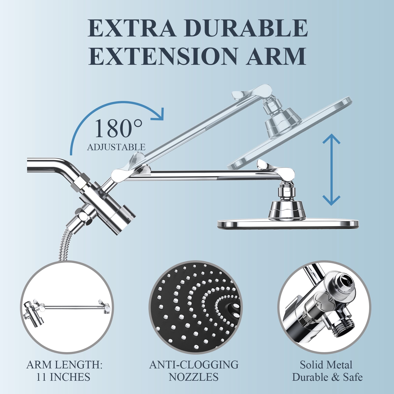 Ophanie 12 Inch High Pressure Rain Shower Head Combo with Adjustable Extension Arm - Wide Rainfall & 5 Spray Handheld Showerhead - Dual Anti-Clog Nozzles for Ultimate Shower Experience, Silver Chrome