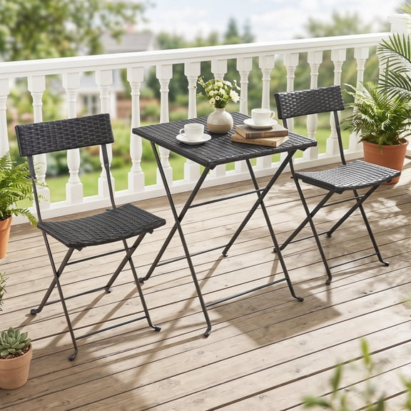 3-Piece Folding Bistro Set with Pe Wicker, X-Shaped Metal Frame, Outdoor Patio Chairs