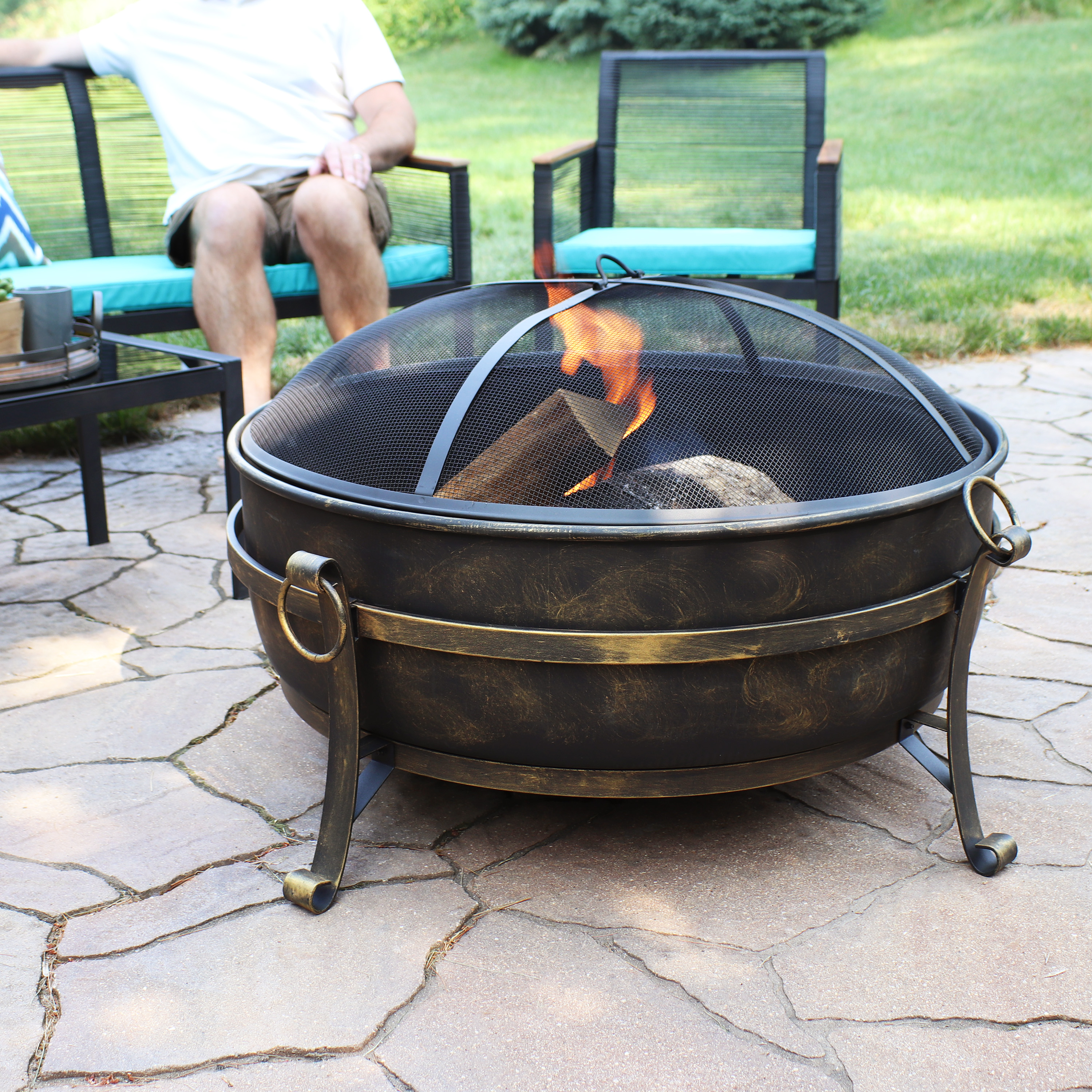 Sunnydaze Large Outdoor Cauldron Fire Pit with Spark Screen - 34" - image 2 of 9