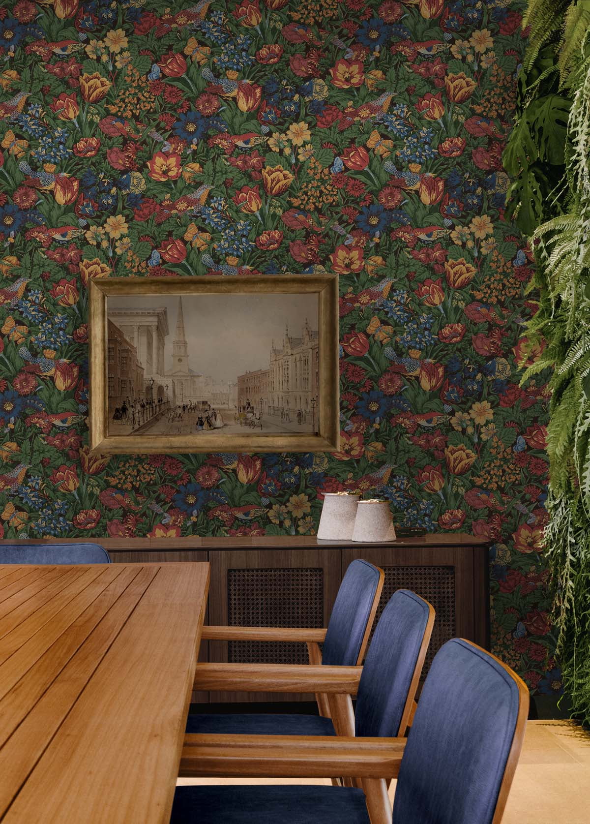 NextWall  Bird Floral Peel and Stick Wallpaper 20.5 in. W x 18 ft. L - Carmine & Blue Lagoon