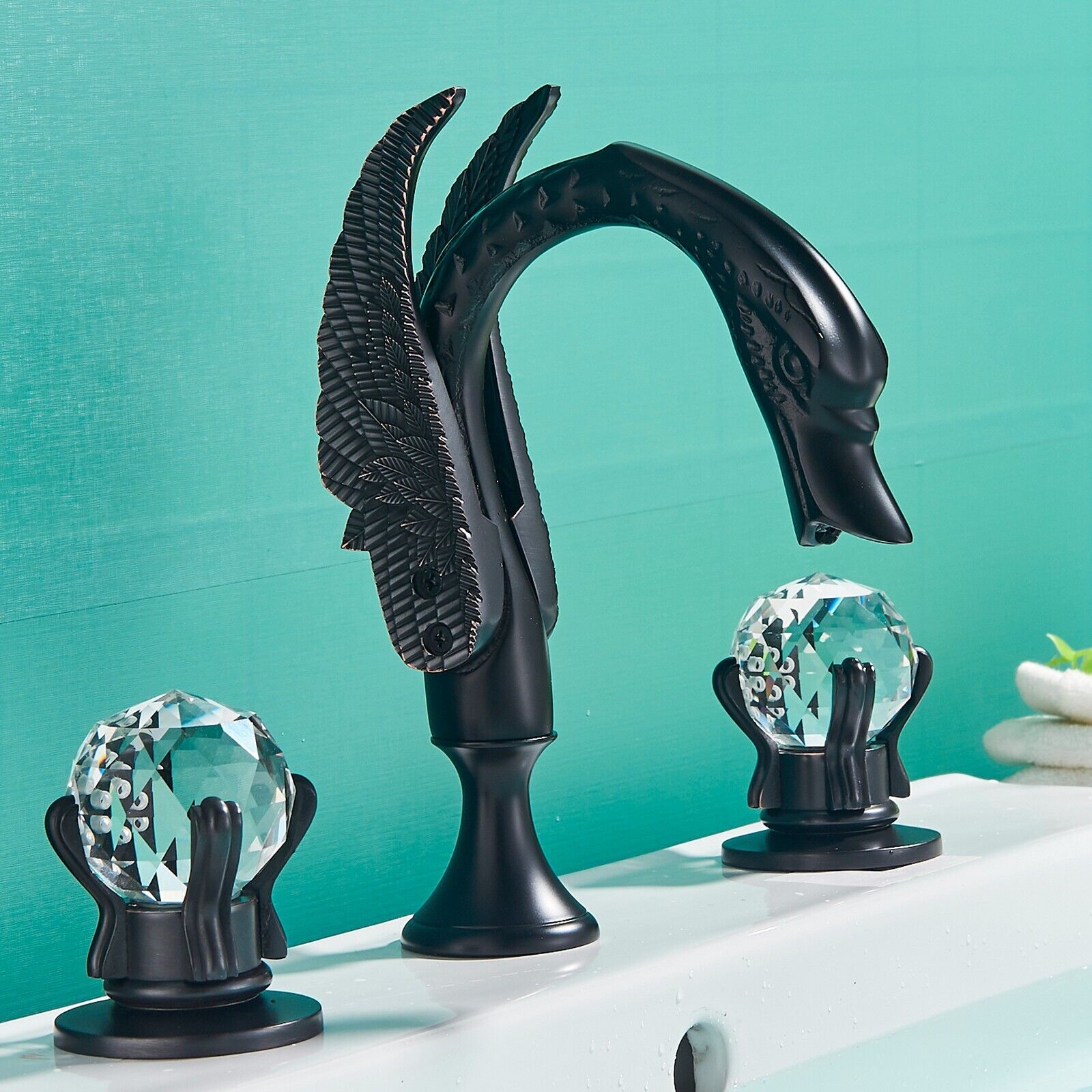 Luxury Bathroom Faucet 8 in Widespread Black Swan Basin Faucet w/Crystal Handles