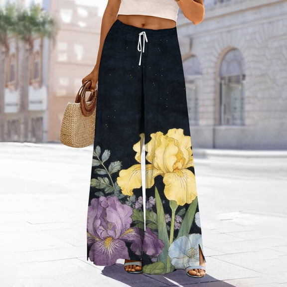 Endives Women's Linen Pant High Waisted Wide Leg Pant Flower Printed Baggy Loose Pants Spring Summer Trendy Purple