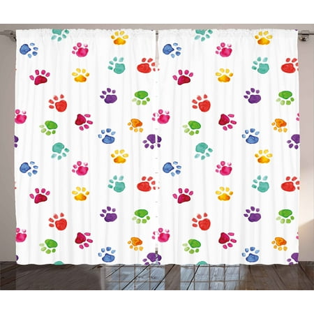 Hand Painted Artwork Set - Colorful Curtains 2 Panels Set, Hand Painted Illustration of Animal Footprints Cute Vibrant Artwork in Watercolors, Window Drapes for Living Room Bedroom, 108W X 84L Inches, Multicolor, by Ambesonne