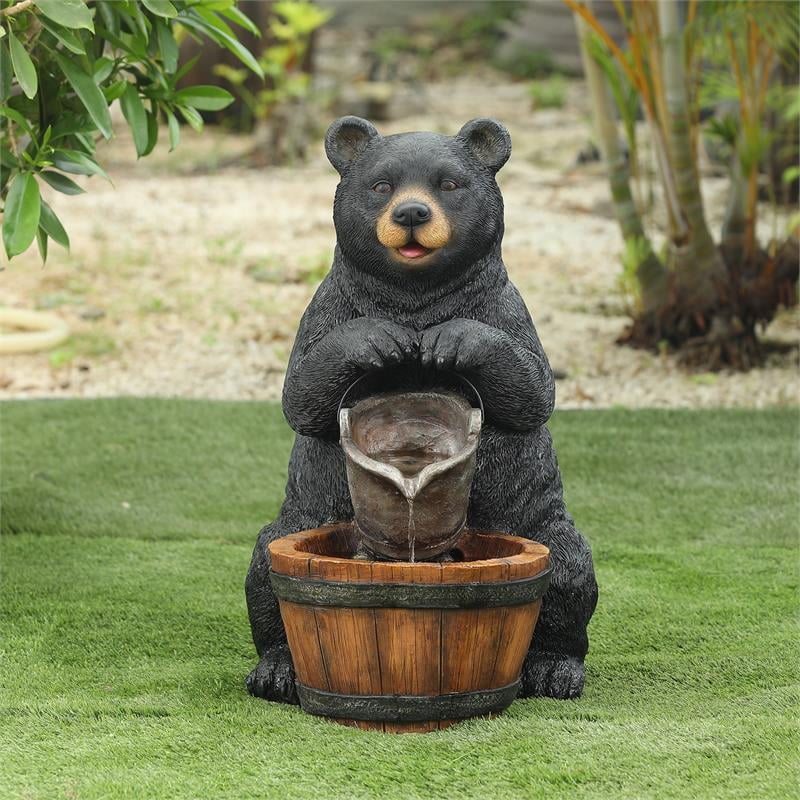 LuxenHome Polyresin Black Bear Outdoor Fountain