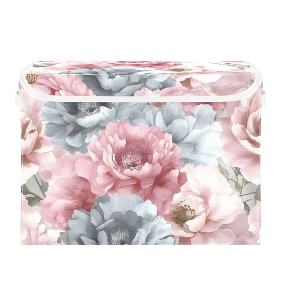 Pink and Gray Flower Large Storage Bins with Linen Collapsible Lid Storage Box 16.7 x 12.6 x 11.8in