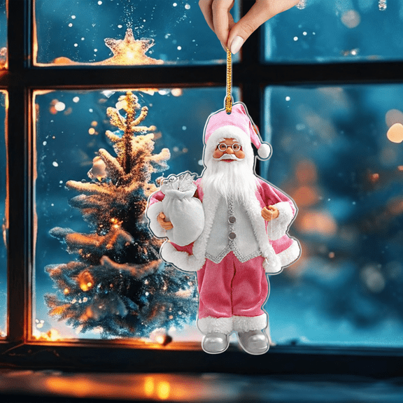 Pink Santa Claus Hanging Christmas Ornament with Gift Sack for Tree Decor