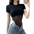 thumbnail image 3 of Franhais Sheer Spliced Bodysuits Women Leotard Top Summer Short Sleeve Bodycon Shirt Bodysuit Vintage Body Top（S-L）, 3 of 9
