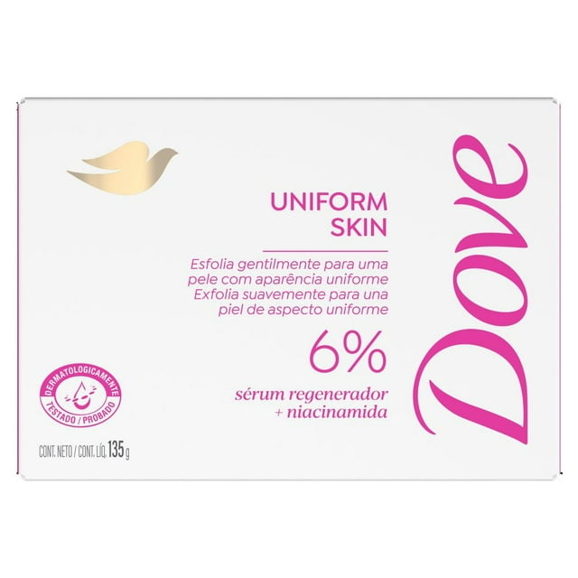 Jabón en barra Dove Piel Uniforme 135 g con fórmula dermatológicamente probada que exfolia suavemente para una piel de aspecto uniforme, contiene 6% de sérum regenerador con niacinamida, sin parabenos ni sulfatos, pH balanceado para limpiar y humectar la piel durante la ducha.