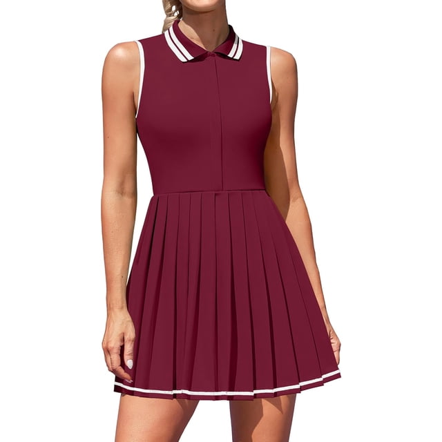 ATTRACO Robe de Tennis pour Femmes, Robe Polo Côtelée de Golf à Demi-Glissière, Robe d'Entraînement Plissée avec Short et Soutien-Gorge Intégrés