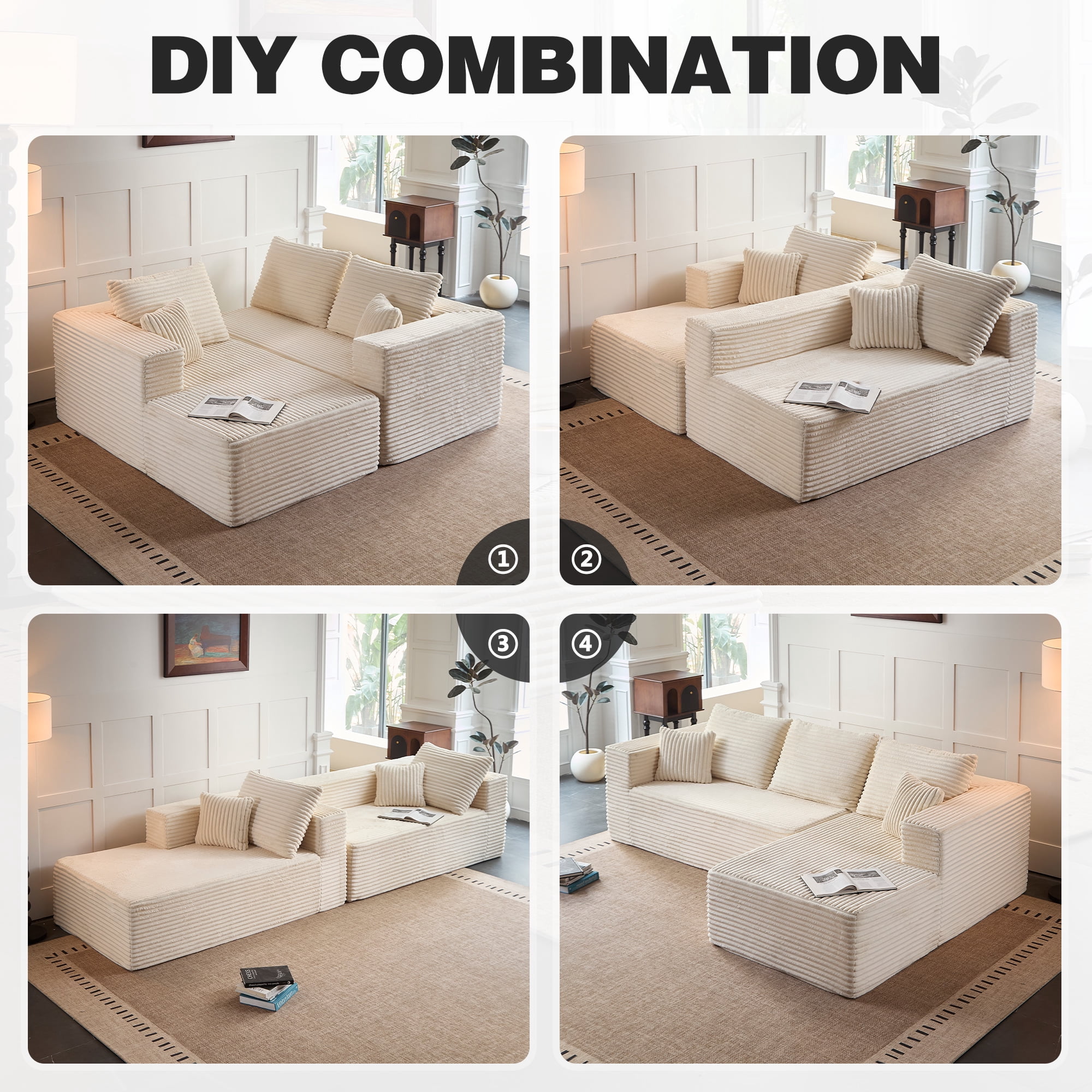LIAROO 108" Modular Sectional Sofa, Cloud L-Shape Couch with Deep Seats and Chaise, Modern Upholstered Compression Sofa for Living Room or Bedroom, Right Facing Chaise, Beige (Includes 2 Packages)