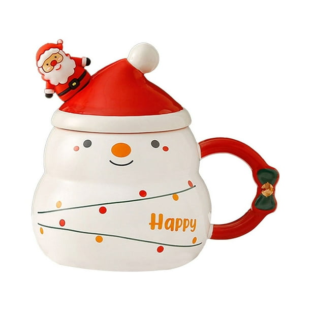 Taza De Cerámica Con Tapa Y Cuchara De Papá Noel Y Muñeco De Nieve. Taza Grande Con Dibujo De Papá Noel. Taza De Agua Para Regalar A La Gente El Mejor Regalo De Navidad.