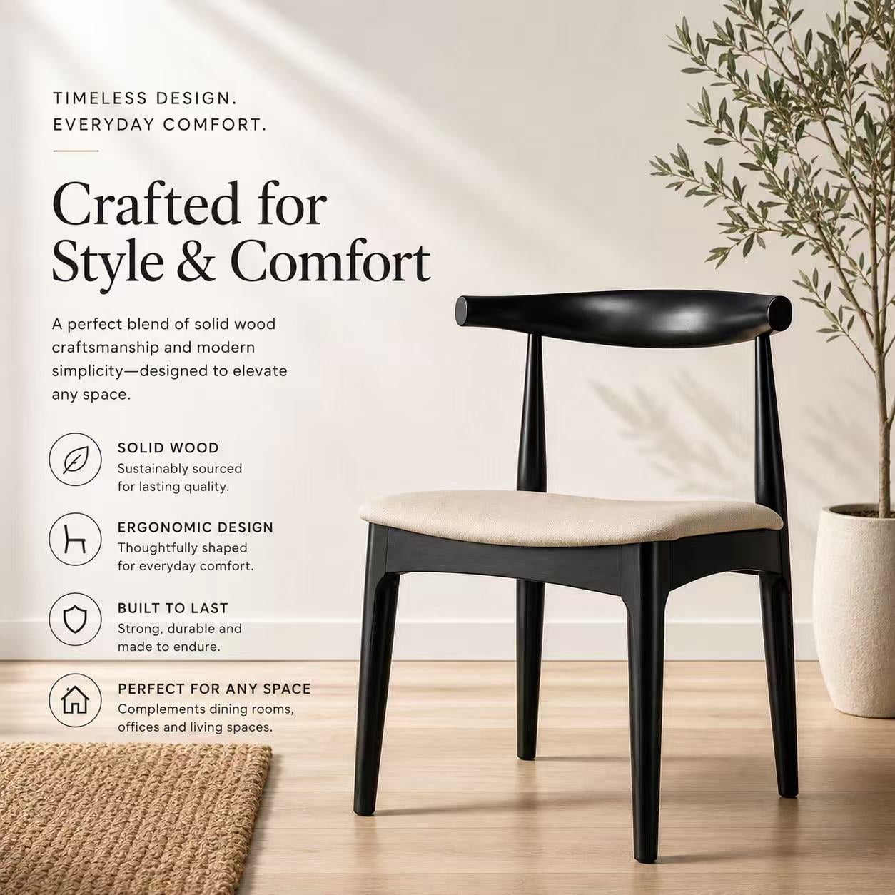 2xhome Set of 2 Contemporary Farmhouse Real Solid Wood Cloth Cushion Seat Dining Chairs Elbow Side Chair (Black-Beige Seat)