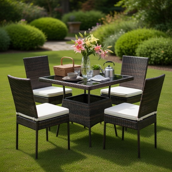 Topcobe 5 Pieces Rattan Dining Set Glass Table High Back Chair, Outdoor Deck Furniture