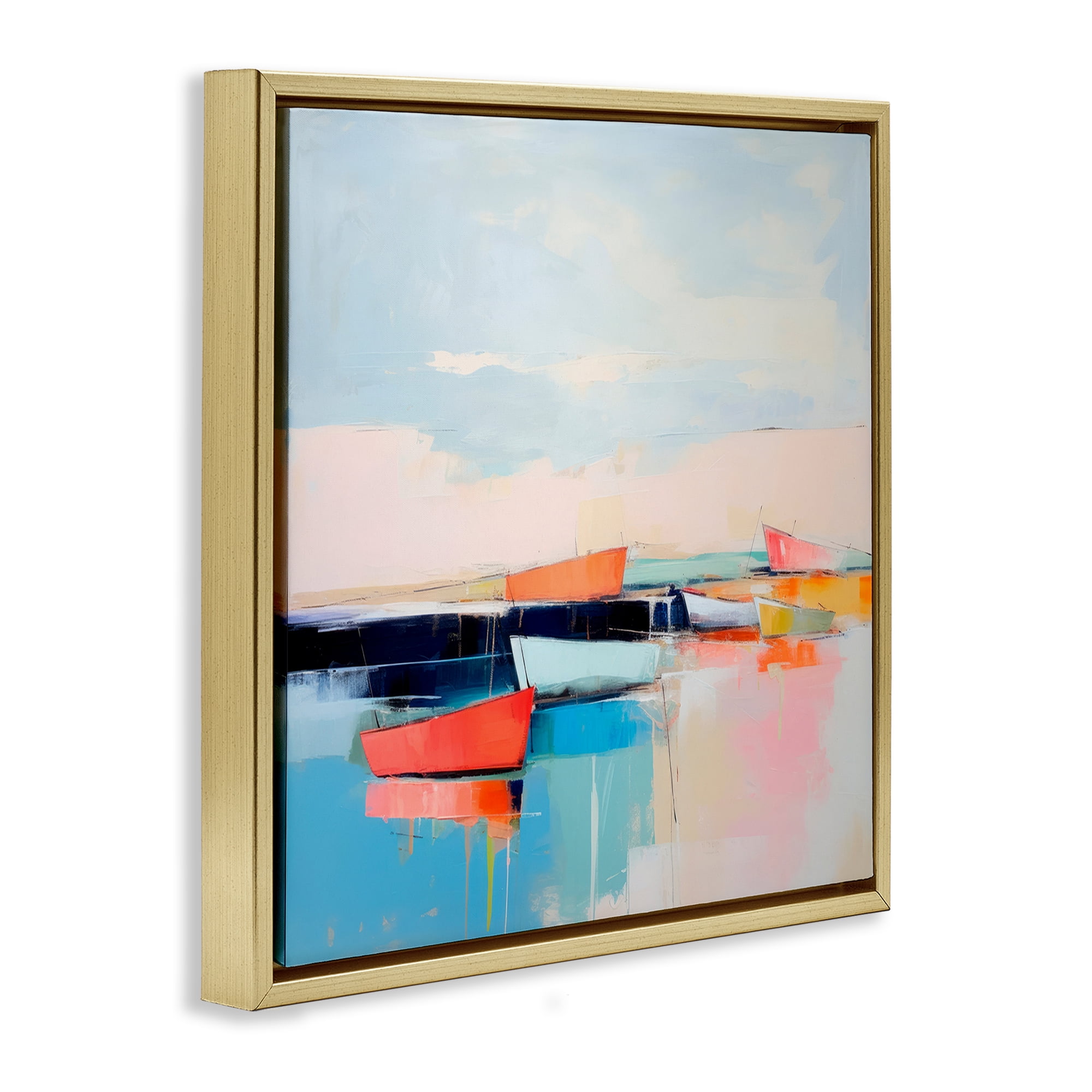 Stupell Industries Vivid Boat Reflection Transportation Painting Gold Floater Framed Canvas Art Print Wall Art, 25 x 25